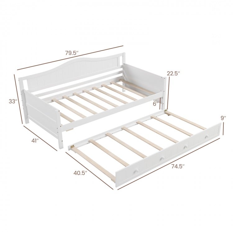 Twin Size Daybed with Trundle and Slats Support on Wheels-White