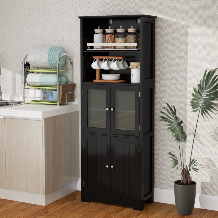 6-Tier Freestanding Bathroom Cabinet with 2 Open Compartments and Adjustable Shelves-Black
