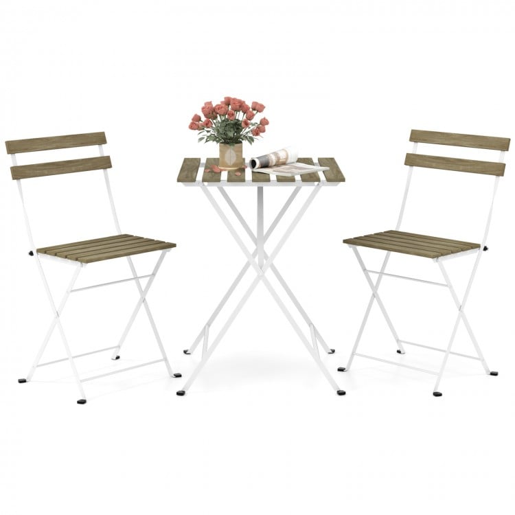 3 Piece Patio Acacia Wood Bistro Set with Slatted Seat and Tabletop-Gray