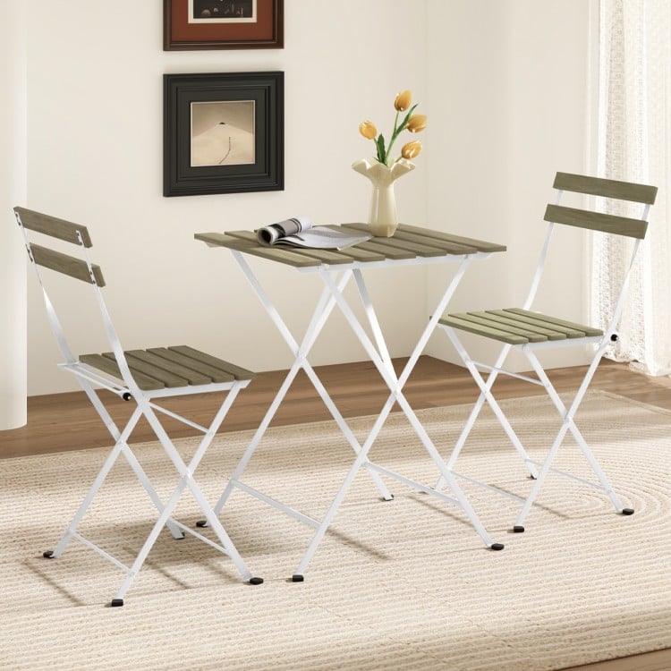 3 Piece Patio Acacia Wood Bistro Set with Slatted Seat and Tabletop-Gray