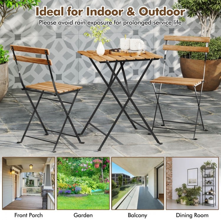 3 Piece Patio Acacia Wood Bistro Set with Slatted Seat and Tabletop-Brown