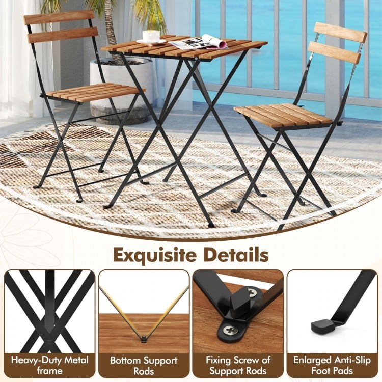 3 Piece Patio Acacia Wood Bistro Set with Slatted Seat and Tabletop-Brown