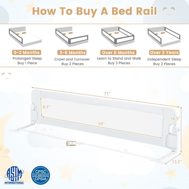 71-Inch Foldable Bed Rail Swing Down Baby Bed Guard Rail with Adjustable Safety Strap-White