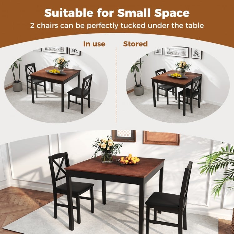 3-Piece Dining Table Set Wooden Square Kitchen Table for 2 People-Brown