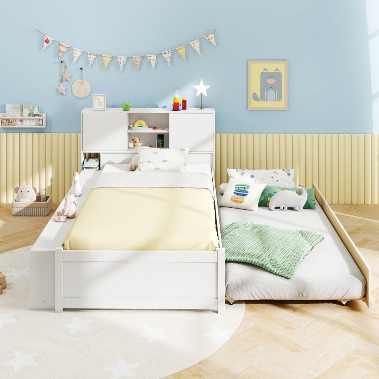 Twin Size Bed Frame with Trundle and Power Outlets-White