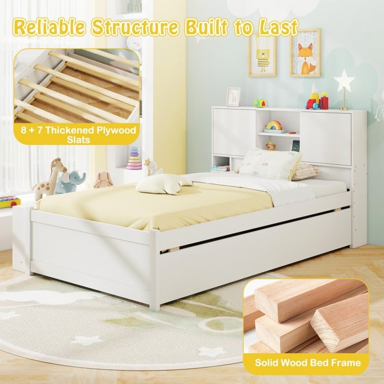 Twin Size Bed Frame with Trundle and Power Outlets-White