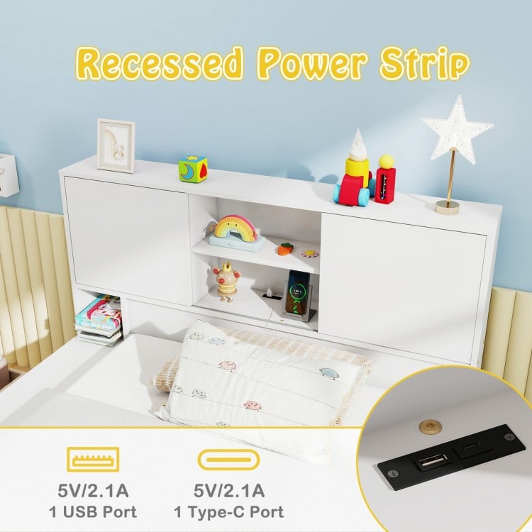 Twin Size Bed Frame with Trundle and Power Outlets-White