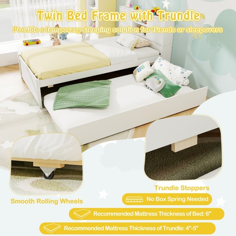 Twin Size Bed Frame with Trundle and Power Outlets-White