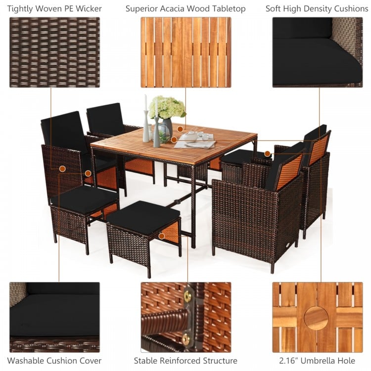 9 Pieces Patio Rattan Dining Cushioned Chairs Set-Black
