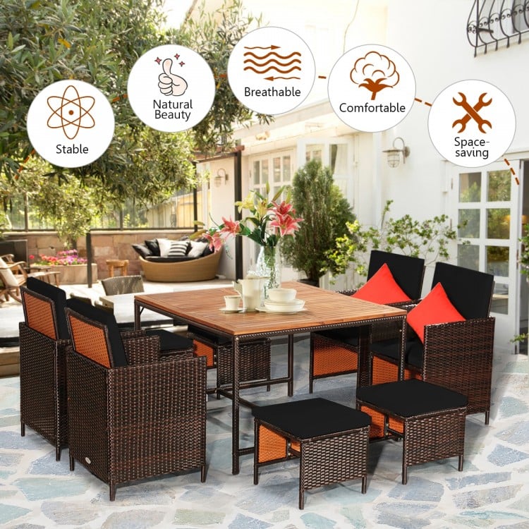 9 Pieces Patio Rattan Dining Cushioned Chairs Set-Black