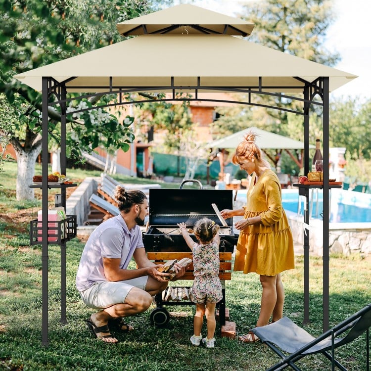8 x 5 Feet Outdoor Grill Gazebo with 2 Side Shelves and 10 Hooks-Beige