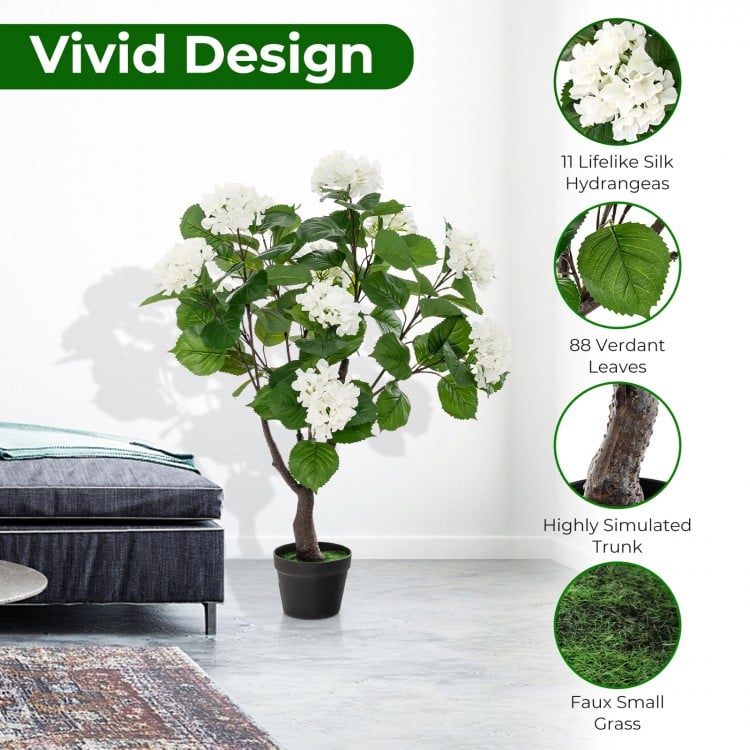 Artificial Hydrangea Tree Fake Floral Plant with 11 White Flowers-White