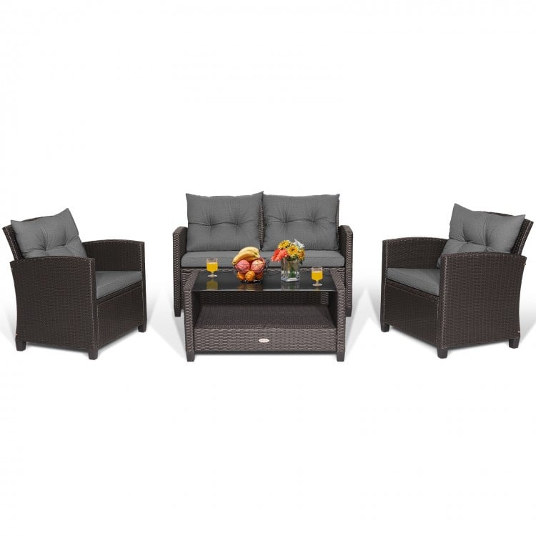 4 Pieces Patio Rattan Conversation Furniture Set with Glass Top Coffee Table-Gray