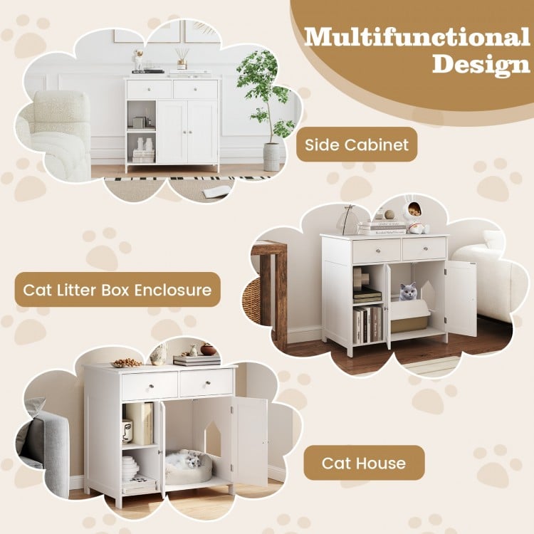 Hidden Cat Washroom Side Cabinet Wooden Pet House with 2 Drawers-White