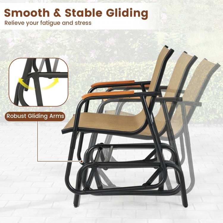 Patio Glider Chair Set of 2 with Curved Teak Armrests and Breathable Fabric Seat-Brown