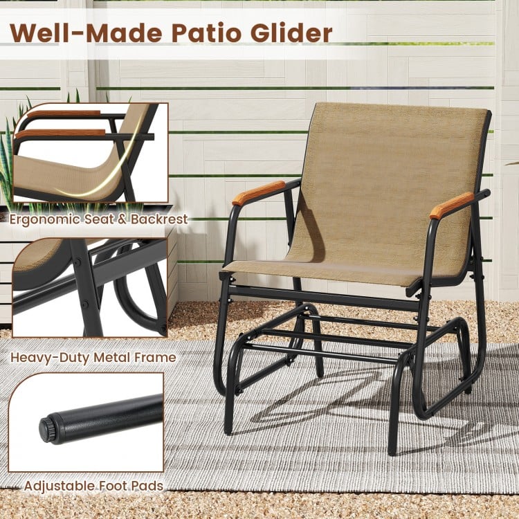 Patio Glider Chair Set of 2 with Curved Teak Armrests and Breathable Fabric Seat-Brown