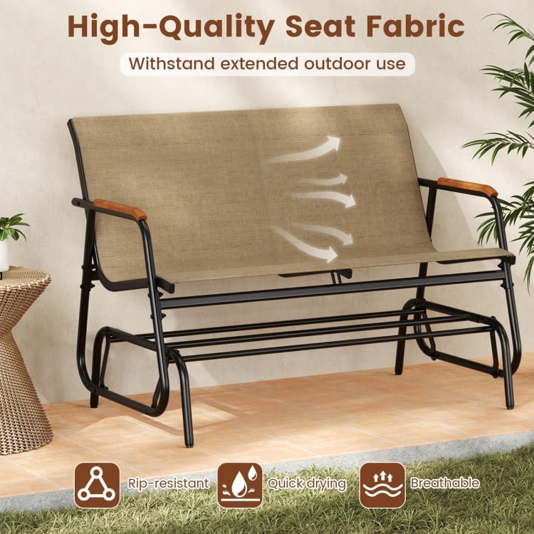 Patio Glider Bench with Curved Teak Armrests and Breathable Fabric Seat for 2 People-Brown