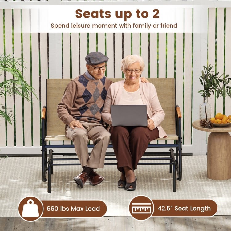 Patio Glider Bench with Curved Teak Armrests and Breathable Fabric Seat for 2 People-Brown