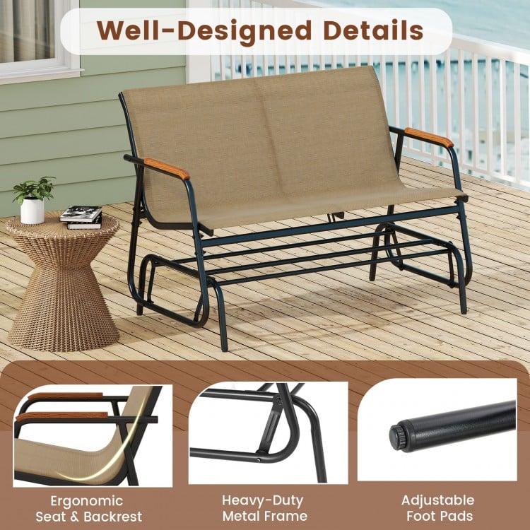 Patio Glider Bench with Curved Teak Armrests and Breathable Fabric Seat for 2 People-Brown