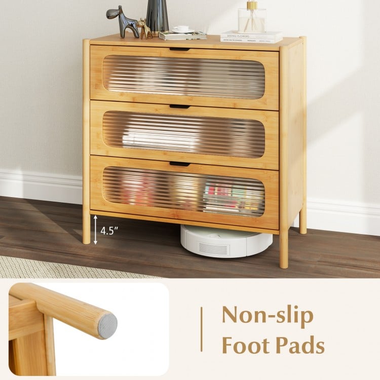 3 Drawer Mid Century Modern Chest of Drawers with Reeded Tempered Glass Front-Natural