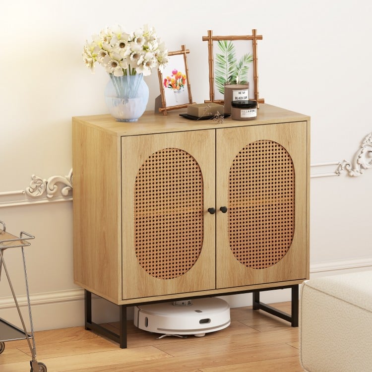 Buffet Cabinet Rattan Storage Cabinet with 2 Doors and Adjustable Shelf-Natural