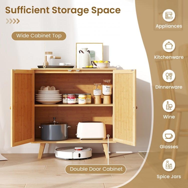 Bamboo Buffet Storage Cabinet with PE Rattan Doors and Freestanding Kitchen Cupboard-Natural