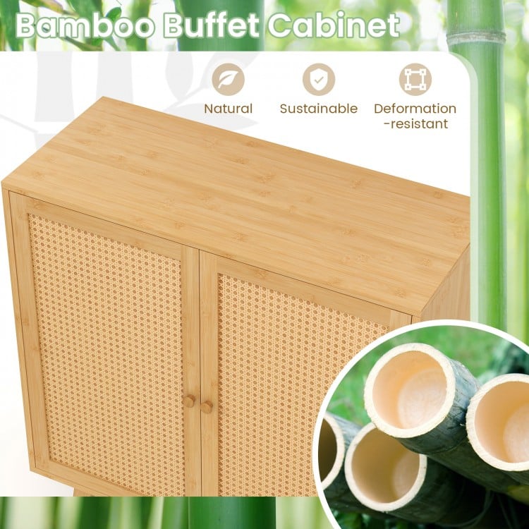 Bamboo Buffet Storage Cabinet with PE Rattan Doors and Freestanding Kitchen Cupboard-Natural
