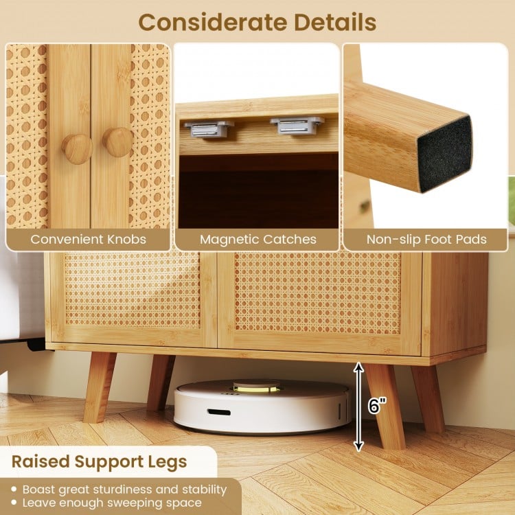 Bamboo Buffet Storage Cabinet with PE Rattan Doors and Freestanding Kitchen Cupboard-Natural