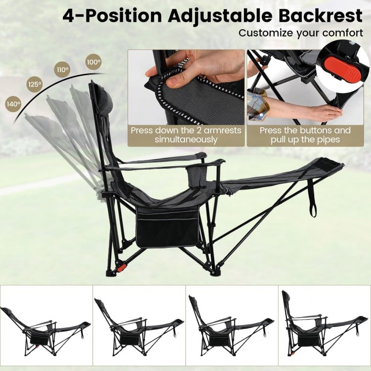 Reclining Camping Chair with Removable Footrest and Adjustable Backrest-Gray