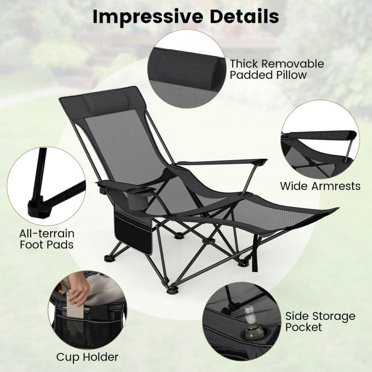 Reclining Camping Chair with Removable Footrest and Adjustable Backrest-Gray