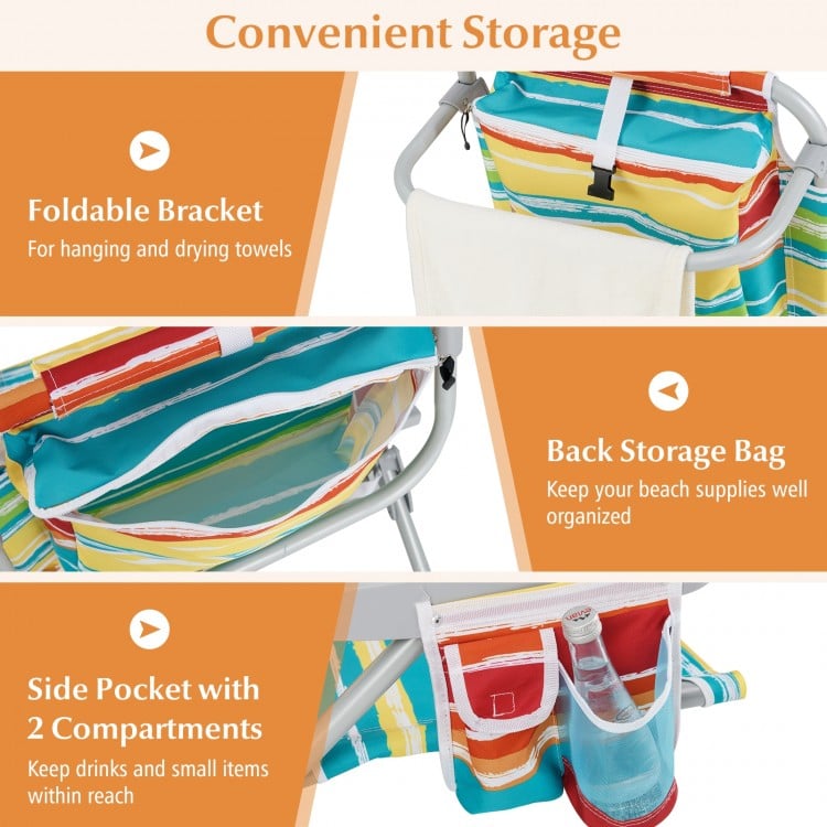 Foldable Backpack Beach Chair with Cup Holder and Storage Pockets Set of 2-Multicolor