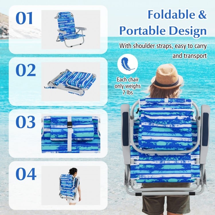 Foldable Backpack Beach Chair with Cup Holder and Storage Pockets Set of 2-Navy