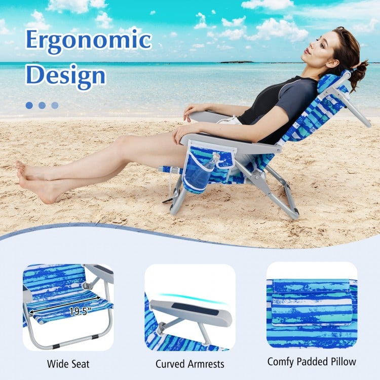 Foldable Backpack Beach Chair with Cup Holder and Storage Pockets Set of 2-Navy