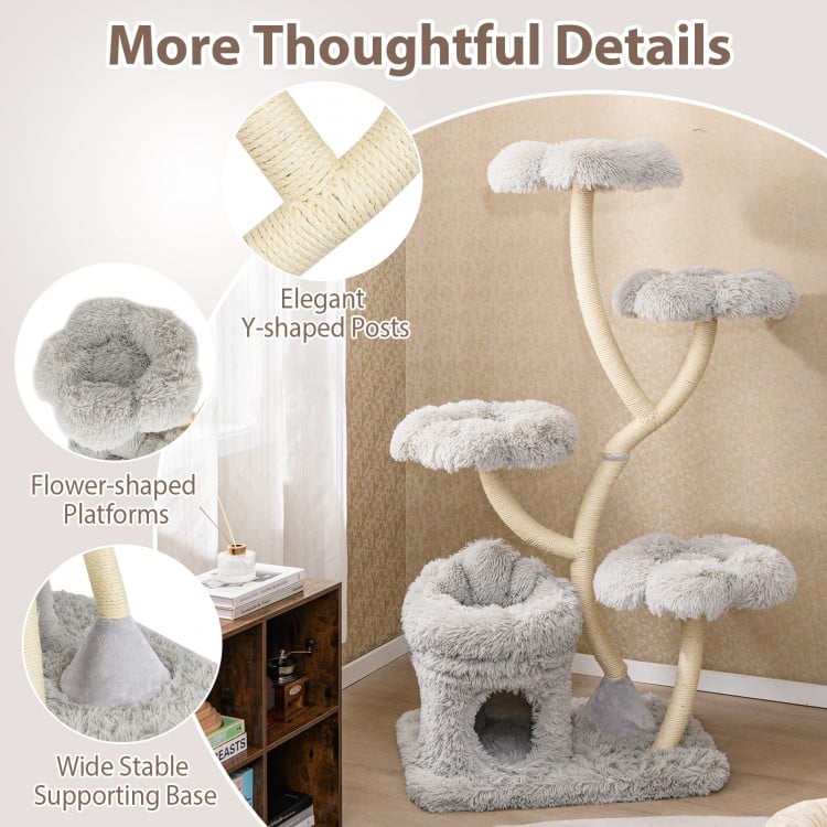 Freestanding Cat Tower with four Flower-shaped Platforms and Sisal Scratching Posts-Gray