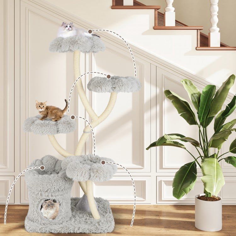 Freestanding Cat Tower with four Flower-shaped Platforms and Sisal Scratching Posts-Gray