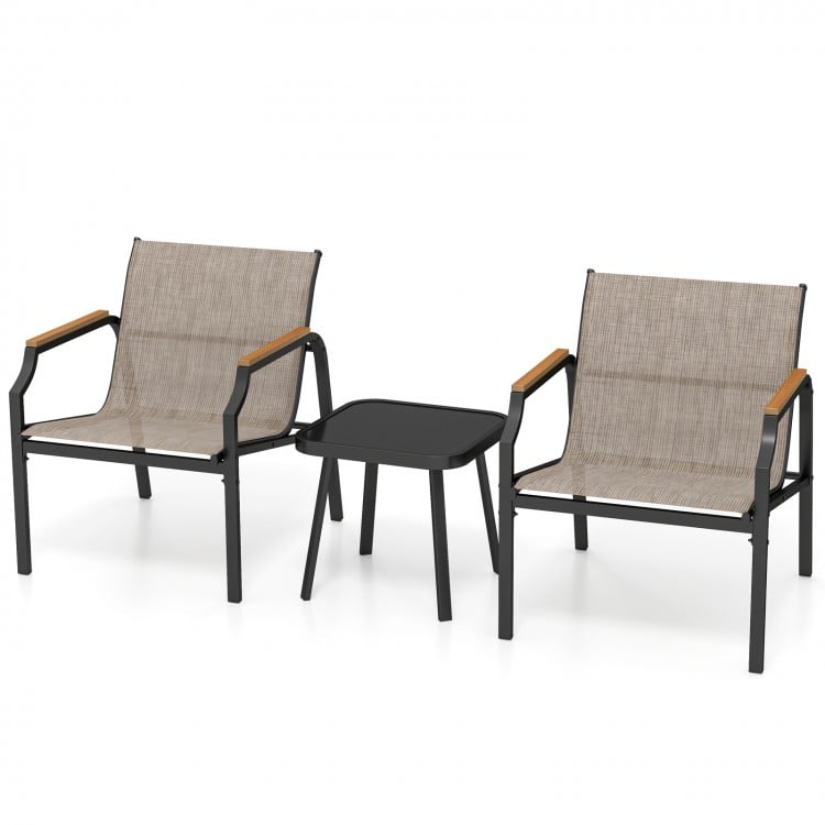 3 Piece Outdoor Chair Set with Breathable Fabric Seat and Armrests-Brown
