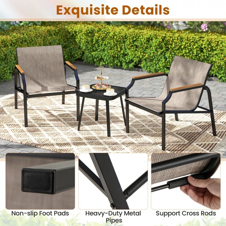 3 Piece Outdoor Chair Set with Breathable Fabric Seat and Armrests-Brown