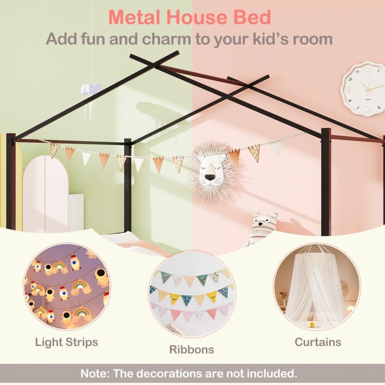 Full Size Metal House Bed with 2 Fabric Drawers for Kids-Black