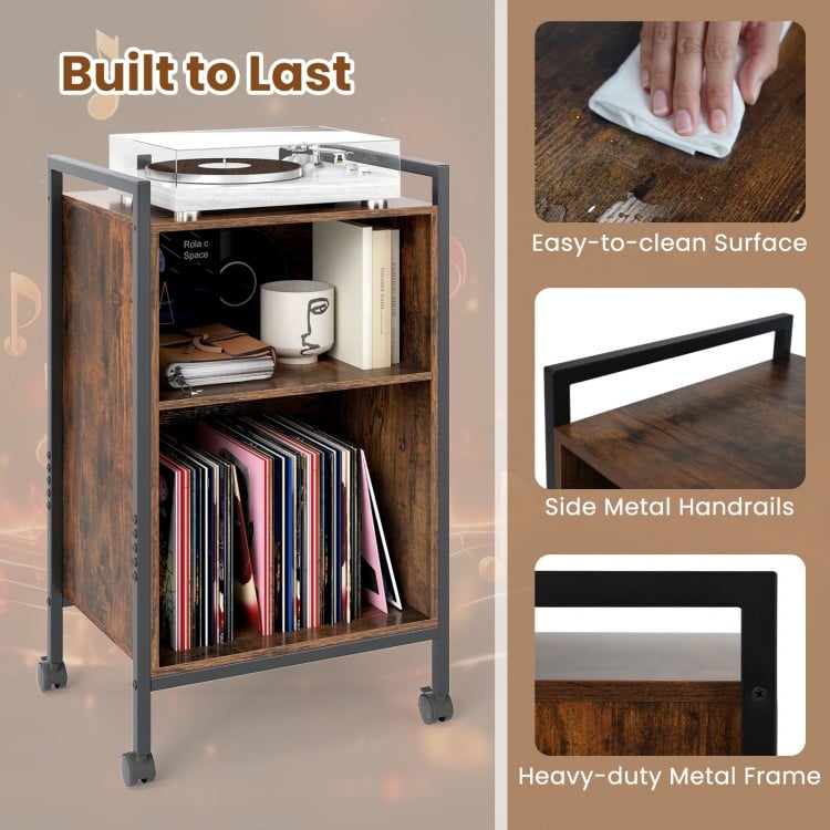 Mobile Record Player Stand with Power Outlet-Rustic Brown