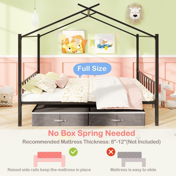 Full Size Metal House Bed with 2 Fabric Drawers for Kids-Black