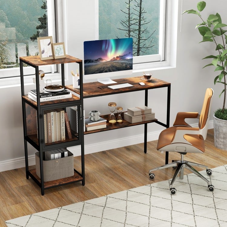 Computer Desk with Bookshelf Home Office Desk with Storage Cabinet and Shelves-Rustic Brown