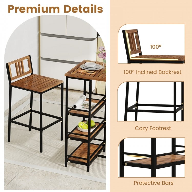 3 Pieces Outdoor Wood Bar Set with 3-Tier Storage Shelf and Metal Frame