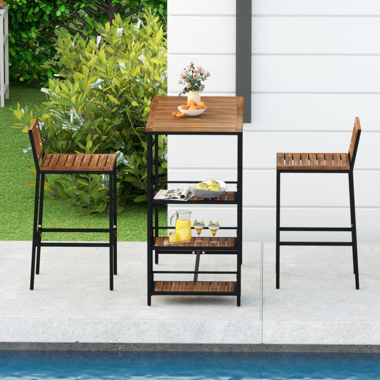 3 Pieces Outdoor Wood Bar Set with 3-Tier Storage Shelf and Metal Frame