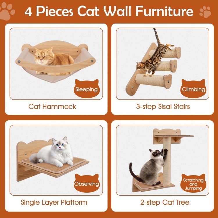 Cat Wall Furniture Set of 4 with Hammock 2-step Cat Tree and Perch-Natural