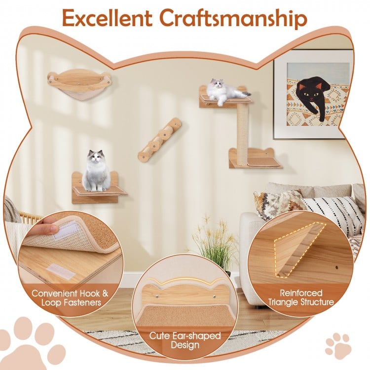 Cat Wall Furniture Set of 4 with Hammock 2-step Cat Tree and Perch-Natural
