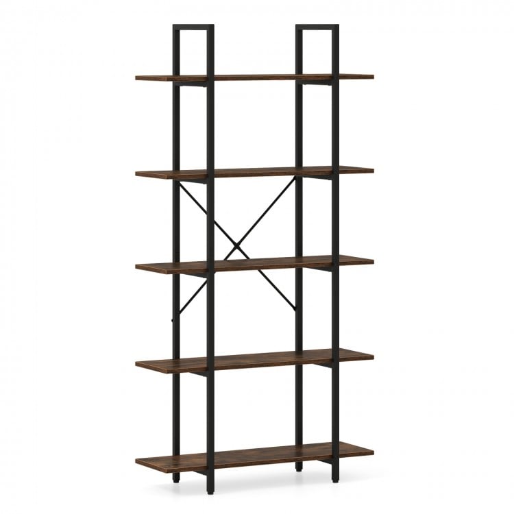 5-Tier 62 Inch Tall Vintage Industrial Bookcase with Open Storage Shelves-Rustic Brown