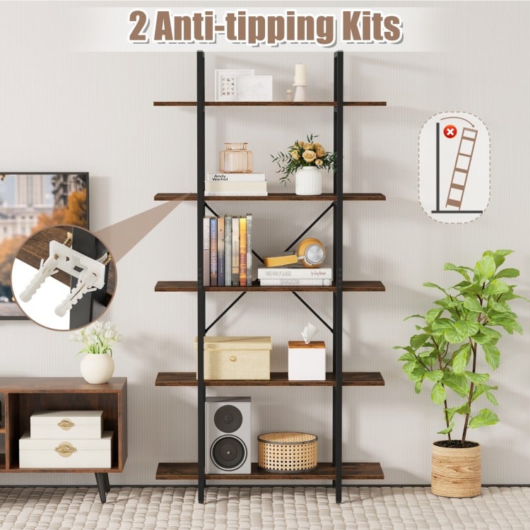 5-Tier 62 Inch Tall Vintage Industrial Bookcase with Open Storage Shelves-Rustic Brown
