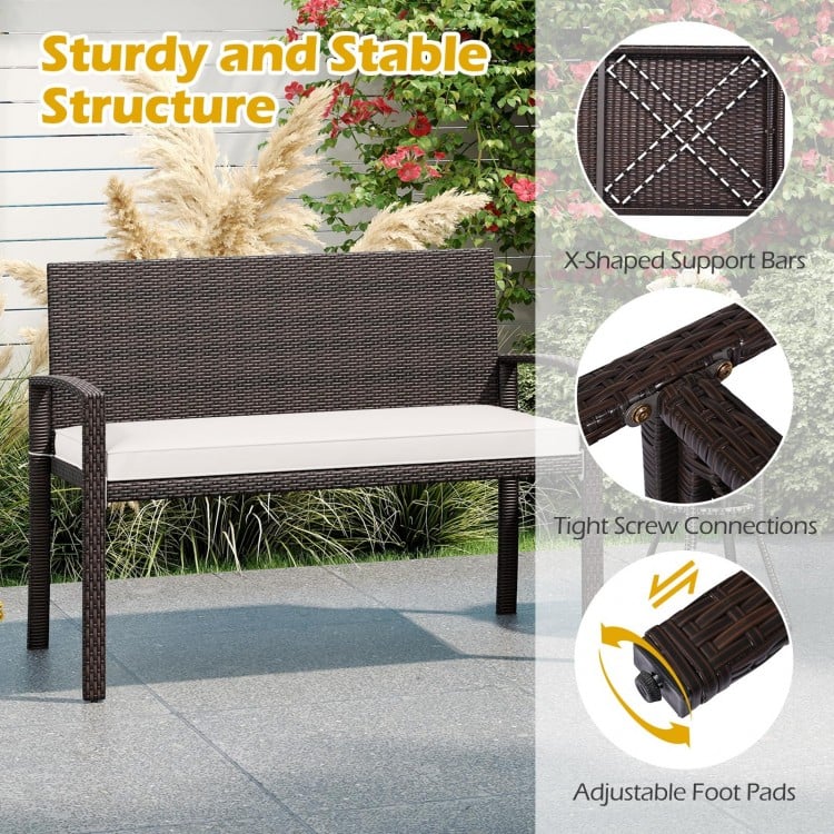 Wicker 2-Seat Bench with Soft Seat Cushion and Metal Frame-White