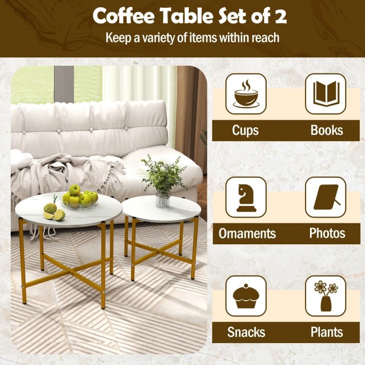 Round Coffee Table Set of 2 with Heavy-Duty Metal Frame-White
