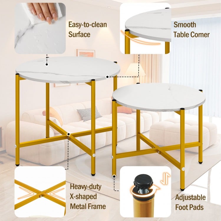 Round Coffee Table Set of 2 with Heavy-Duty Metal Frame-White